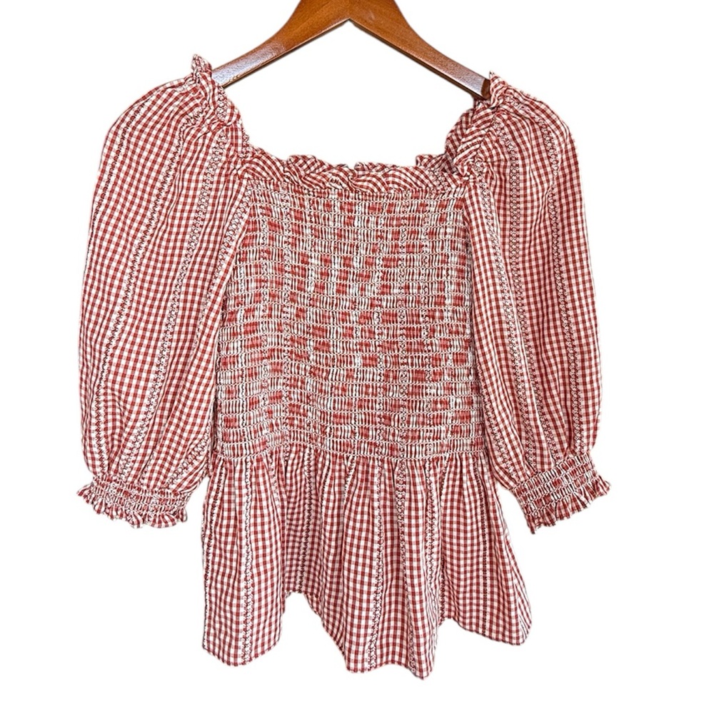 Max Studio Gingham Smocked Milkmaid Top Red & Cream Size Small